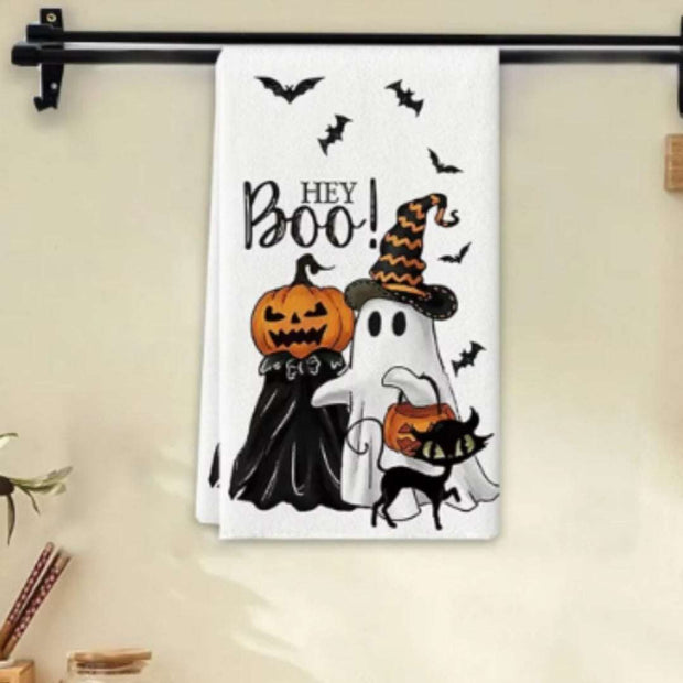 Halloween HEY Boo Pumpkin Black White Tea Towel