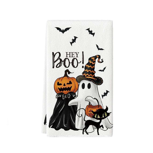 Halloween HEY Boo Pumpkin Black White Tea Towel